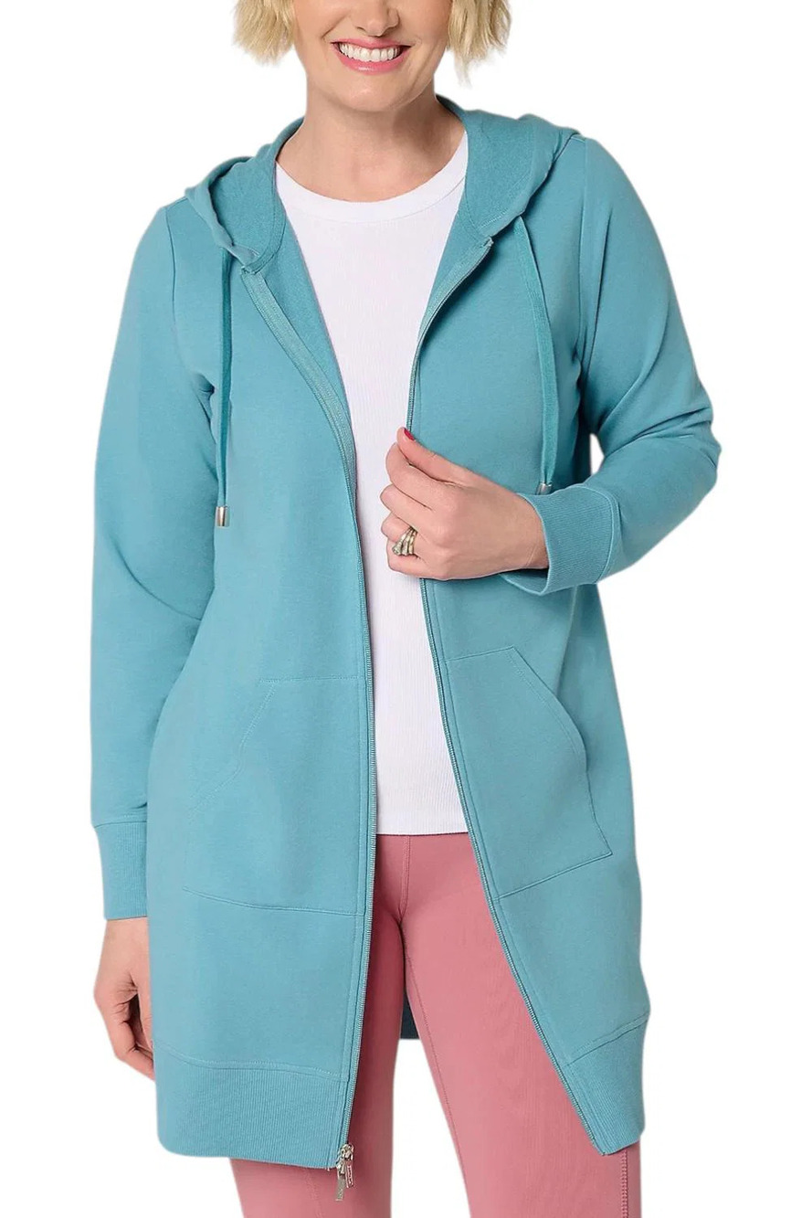 Denim & Co. French Terry Hooded ZipFront Tunic Jacket Smokey Blue - Regular